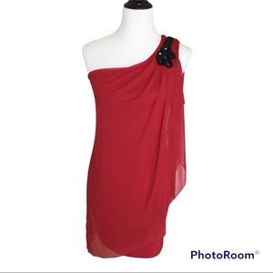 Red One Shoulder Dress With Black Bead Shoulder Accent S